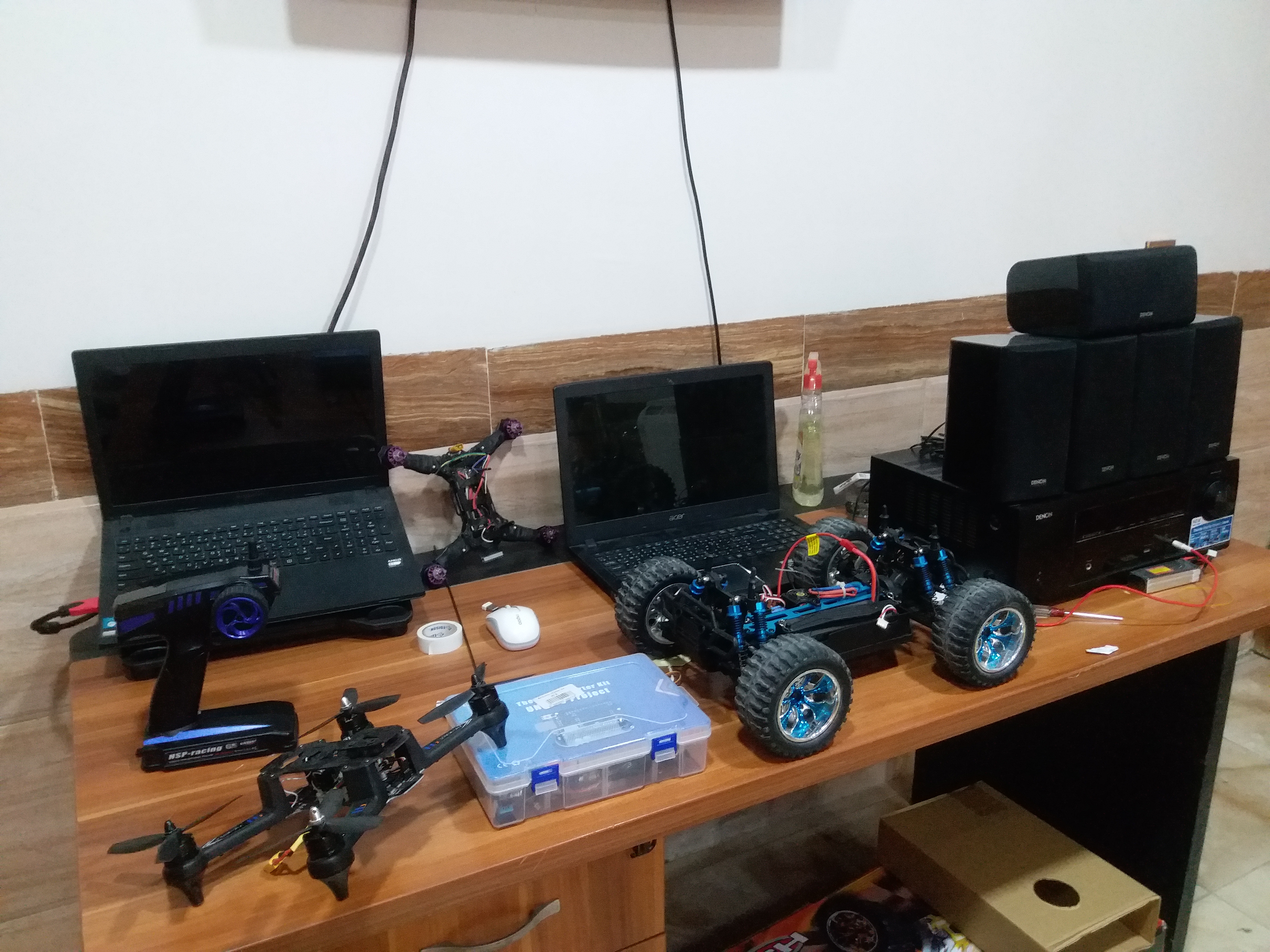 Early workshop — drone build desk